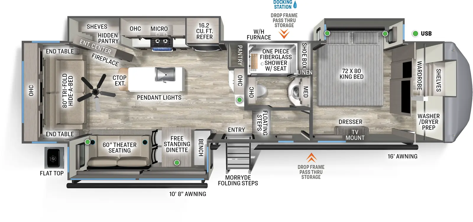 The Sierra Fifth Wheels 3370RLS floorplan has one entry and three slide outs. Exterior features include: fiberglass exterior and 10'8" & 16' awning. Interiors features include: kitchen island, free-standing dinette option, front bedroom and rear living.